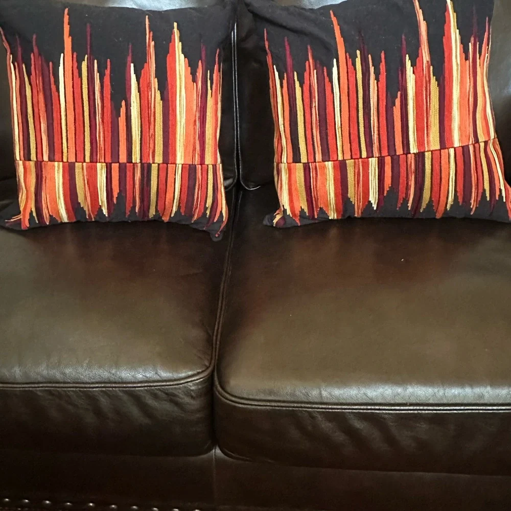 Crate & Barrel Black Red Embroidered Accent Pillows‎ Striking Design Set of 2